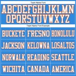 Maillot de football authentique personnalisé en maille bleu poudre, blanc et orange Maillot de football authentique personnalisé en maille bleu poudre, blanc et orange