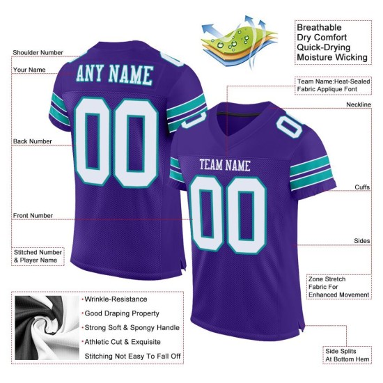 Maillot de football authentique personnalisé violet, blanc et turquoise