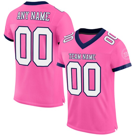 Maillot de football authentique personnalisé en maille rose, blanc et bleu marine